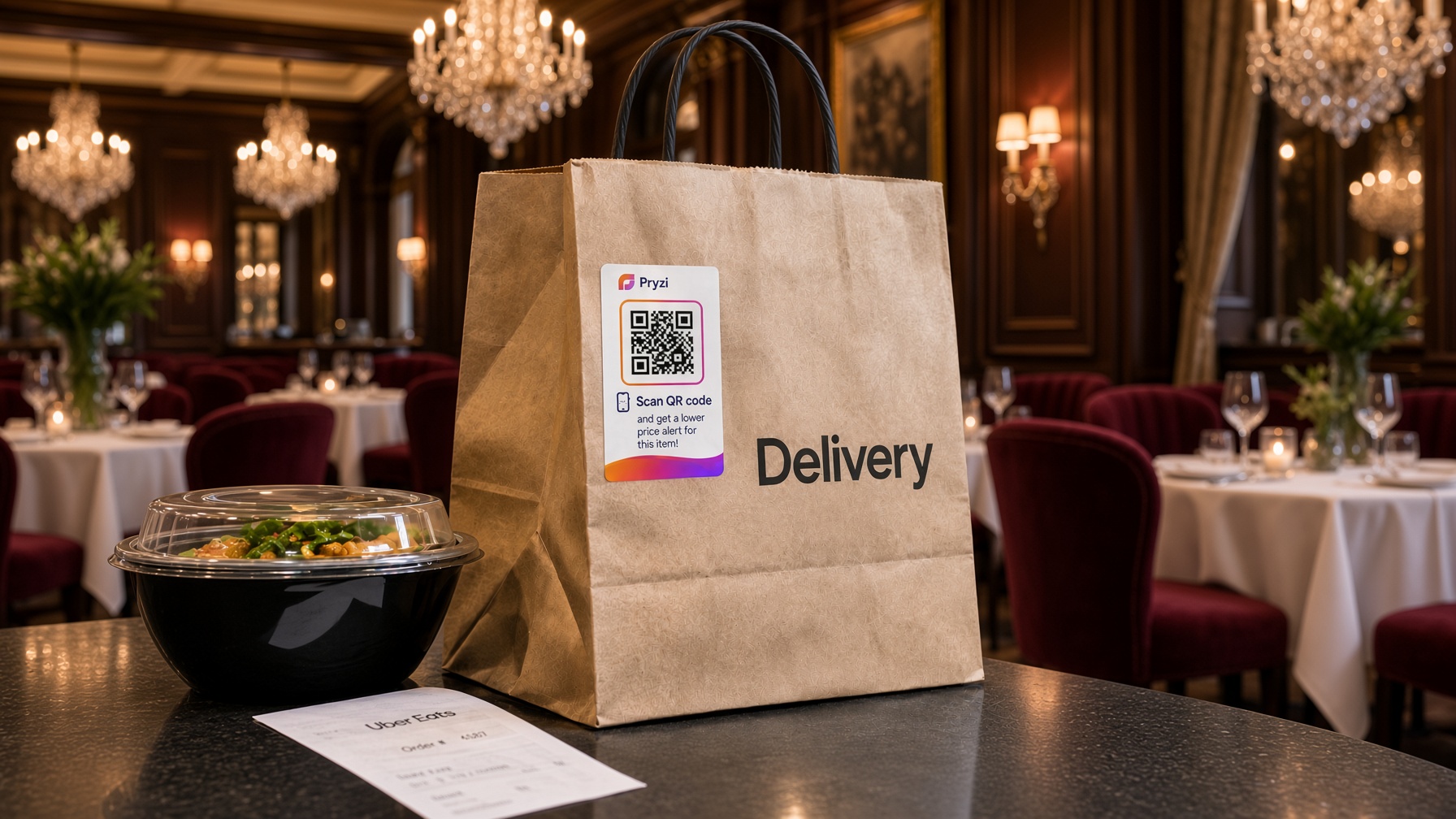 Pryzi tag on a restaurant delivery bag